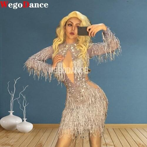 Women New Net Yarn Sexy Silver Tassel Dress Shiny Rhinestone DJ DS Nightclub Birthday Party Wear Dancer Singer Costumes