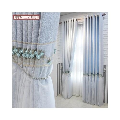 Fresh Korean Style Curtains Blue Princess Wind Lace Curtain for Girl Bedroom Girl Room Bay Window Shading Customization