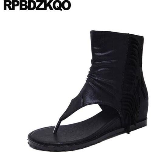 Height Increased Black High Heel Short Tassel Wedge Women Ankle Boots Medium Shoes Cheap Summer 2017 Fringe Open Toe Side Zip
