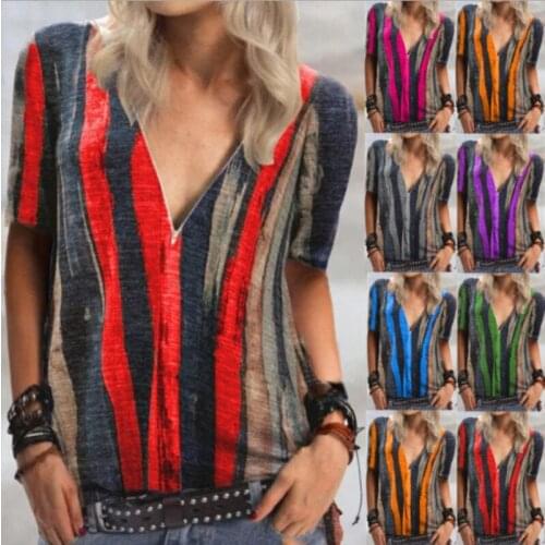 Large Size Women Tie Dye Striped Print Short Sleeves T-Shirt Sexy V Neck Zipper Loose Top Tees