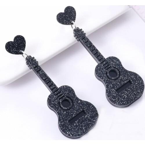 Fashion Vintage Chic Shiny Guitar Shape Acrylic Earrings for Women Peach Heart Mini Instruments Glitter Powder Pink Earrings