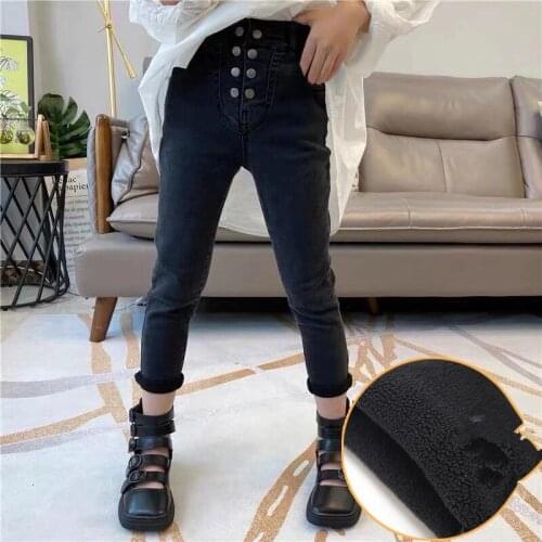 3-9 Years Baby Girls Jeans Autumn Winter New Childrens Fashion Thicken Denim Pants Double Breasted Slim Velvet Jeans For Girl