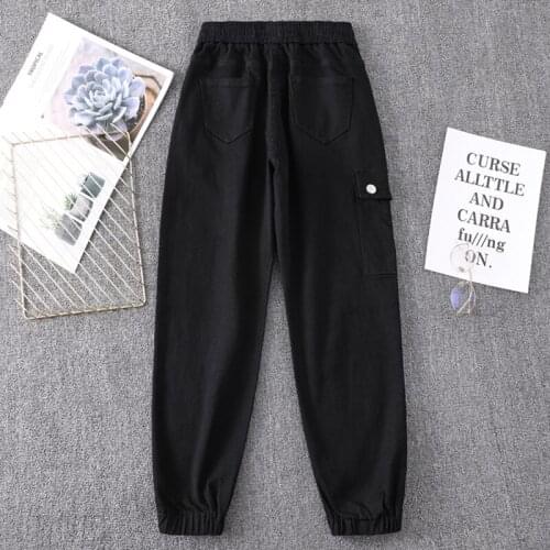 2020 Autumn Womens Jeans High Waist Elastic Waist Pocket Cargo Pants Cords Ankle Length Cusaul Push up Bundle Foot Denim Mujer