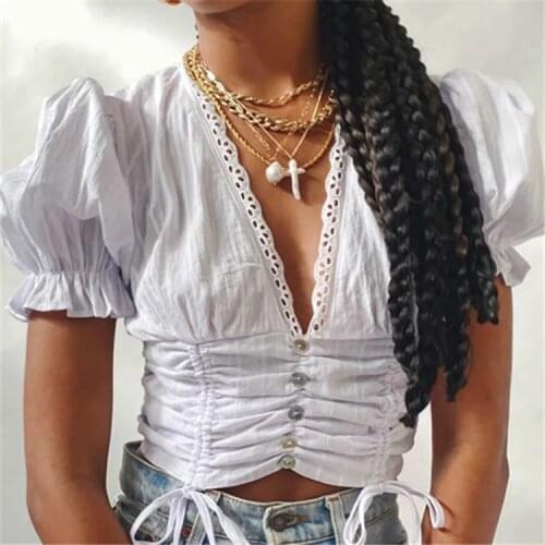 2021 Womens Sexy Crop Tops V-neck White Lace Shirts New Retro Style Short Blouses Cotton Boho Slim Tops Fashion Jacquard Top