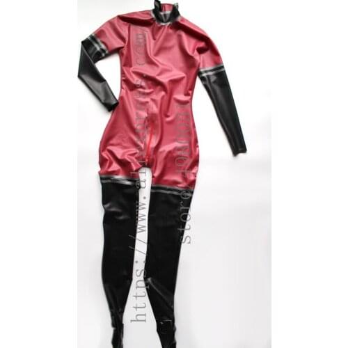 Womens latex Zentai long sleeve late catsuit with socks in metallic rose with black and dark gray trims decorations