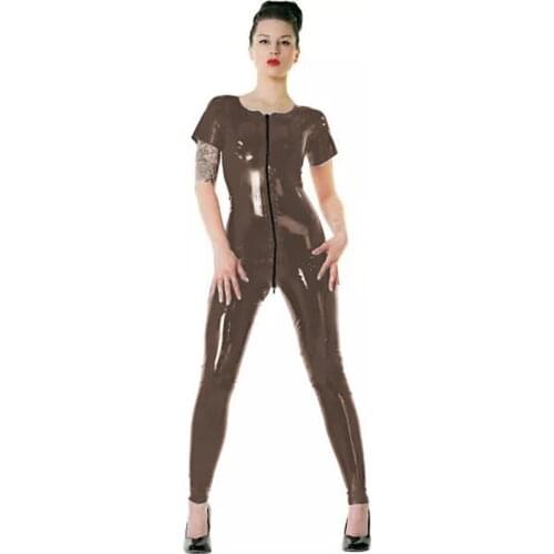 Plus Size Front Zipper To Buttock Catsuit PVC Open Crotch O-neck Short Sleeve Catsuit Novelty Women Wetlook Skinny Jumpsuit