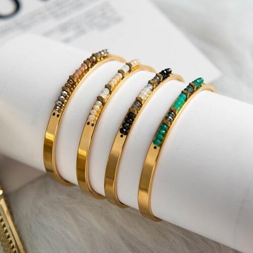 Handmade Colorful Crystal Beaded Bangles For Women Adjustable Stainless Steel Gold Open Cuff Metal Bangles Vintage Jewelry