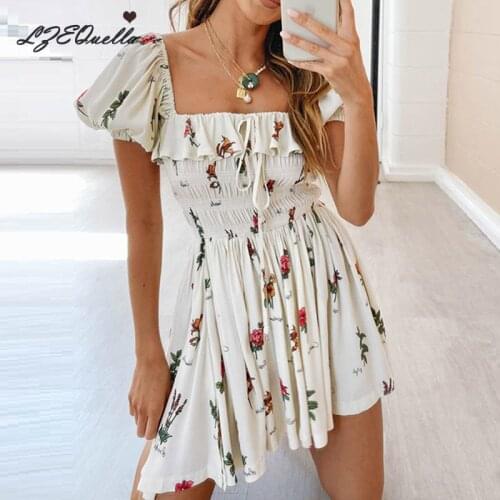 Boho Print Backless Women Mini Dress Summer Holiday Square Collar High Waist Ruffled Short Sleeve Dresses Floral Vestidos NZ3317