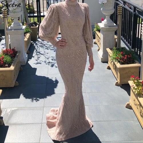 Serene Hill Nude Luxury Beaded Mermaid Evening Gown 2021 High Neck Puffy Sleeves For Muslim Women Formal Party Dress CLA71132