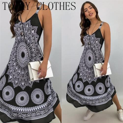 Womens V Neck Vintage Print Long Boho Dress Lady Beach Summer Sundress Maxi Dress