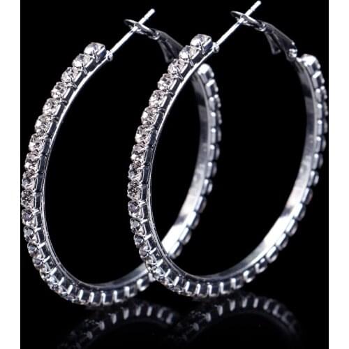 1Pair 40mm Bridal Silver Color Crystal Diamante Rhinestone Round Hoop Earrings Women Ladies Wedding Prom Accessories