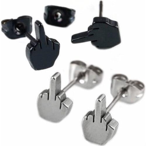 2pairs Fashion Rock Punk Earrings Black Stainless Steel Middle Finger Shape Jewelry Ear Studs Earrings