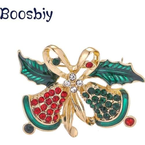 Boosbiy Lovely Two Crystal Bow Bells Brooches For Women Christmas Suit Pins Vintage Creative Gift Jewelry Coat Dress Accessories