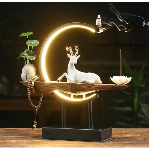 Buddhist Backflow Incense Burner Holder Smoke Waterfall Censer Buddha Lotus White Deer Censer With Lamp Circle Home Decoration