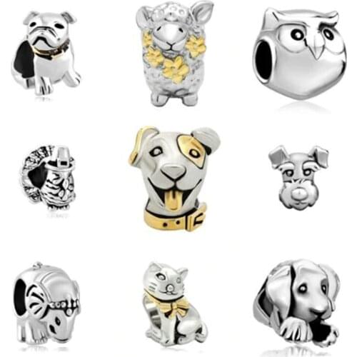 Dog cat owl animal charm beads fit Pandora charm bracelet female genuine DIY jewelry making