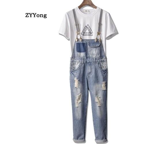 Men Ripped Jeans Bib Overalls Ankle Length Light Blue Streetwear Hip Hop Hole Denim Jumpsuits Trousers Leisure Freight Pants