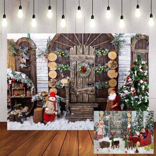 Mehofond Merry Christmas Photography Background Winter Snow Vintage Wooden Door Christmas Tree Backdrop Photophone Photo Studio