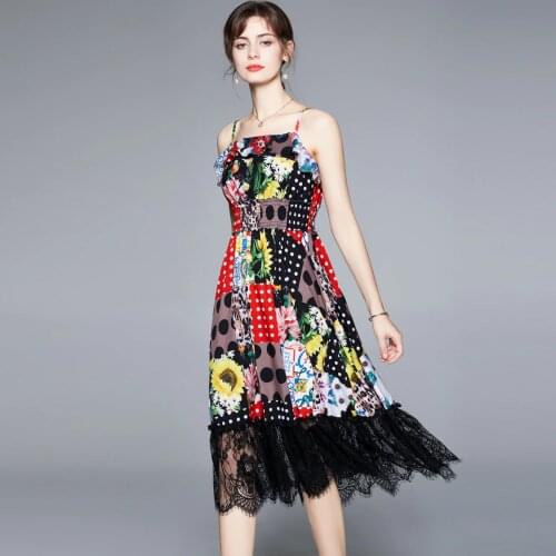 JSXDHK 2021 Fashion Summer Runway Holiday Ruffles Dress Elegant Women Spaghetti Strap Flower Dot Print Splicing Lace Midi Dress