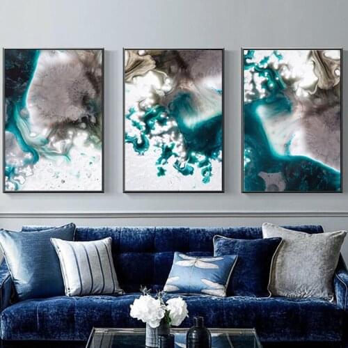 Mordern Abstract color spalsh blue golden Ink and white canvas painting poster print wall art pictures for living room bedroom