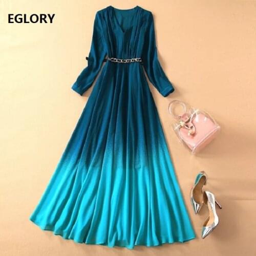 Top Quality New 2021 Womens Long Dress Spring Summer Party Evening Ladies V-Neck Gradient Color Print Long Sleeve Maxi Dress