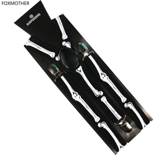 FOXMOTHER New Hip Hop 1 Inch Wide Clip On Adjustable Black Bone Skull Suspenders Braces Mens Womens