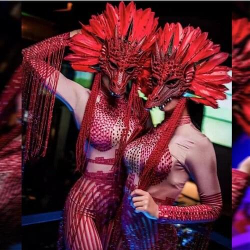 Exaggerated Stage Costume Red Feather Headress Chinese Dragon Festival Outfit Nightclub Dj Ds Gogo Dance Cosplay Costume VDB3501