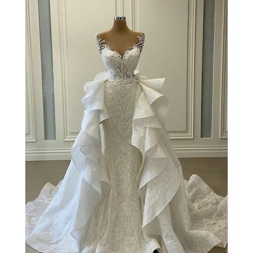 Luxurious Mermaid Wedding Dresses Bridal Gowns With Detachable Train Sheer Jewel Neck Lace Appliques Tulle Robe de mariee