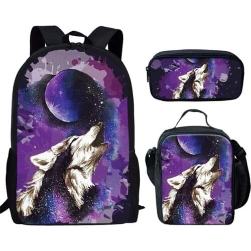 Moon Wolf Backpack Set for School Bag Teenager Girl Book Bag Purple Space Stars Galaxy Wolf Print School Bags Child