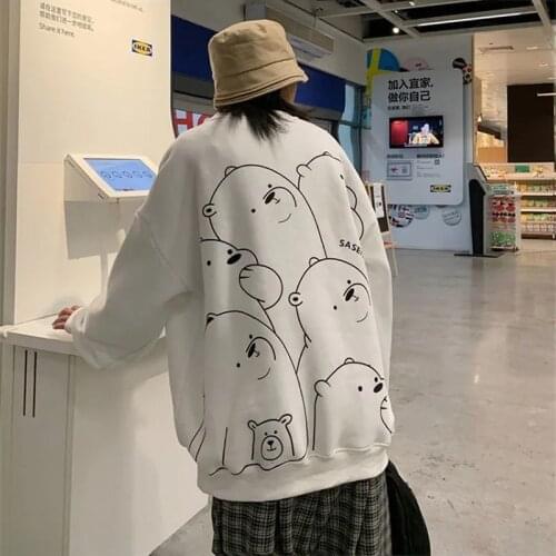 Women Lady Loose Bear Animal Girls White Hoodies Cartoon Spring Long Sleeve Black Female Blue Hoodies Women Japan Sweatshirt