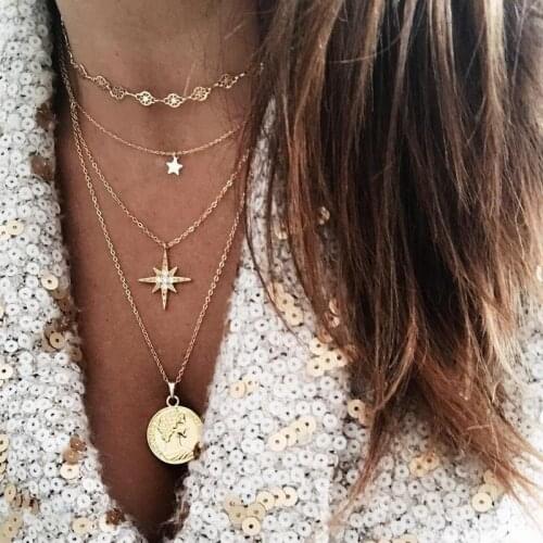 Trendy Jewelry Beauty head Coin Choker Necklaces Crystal Star pendant Fashion Multi layer Chain Necklace for Women Jewelry New