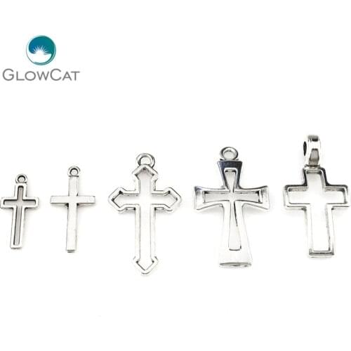 MIX 5pcs/lot Vintage Silver Zinc Alloy Jesus Cross Pendant Religious Faith Charm Frame Jewelry Finding Making 22396