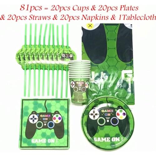31/51/61/81pcs Green Game On Theme Cartoon Paper Tableware Birthday Party Supplies Game On Cartoon Cup Plate Straw Napkin