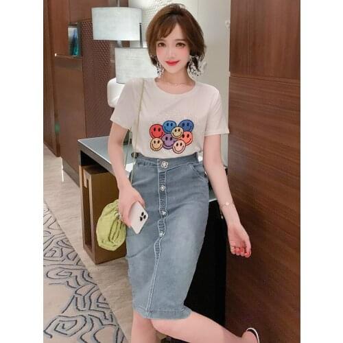 Cartoon smiley face pattern hot drill casual crew neck T Womens T-shirt 2021 Spring new