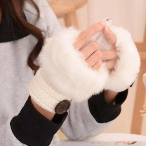 Women Fingerless Wrist Gloves Cute Faux Rabbit Fur Knitted Gloves Winter Thick Warm Knitted Warmer Driving Outdoor Mitten