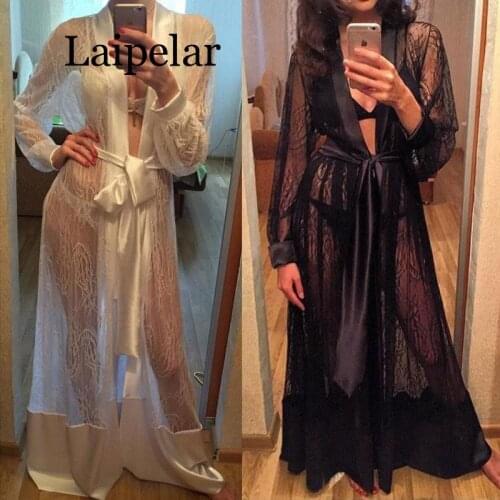 Women Sexy Satin Lace Robe Sleepwear Nightwear See Through Long Robe Lace Up Kimono Gown Bathrobe Sleep Nightdress Femme Hot
