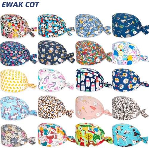 Women Surgicals Caps Anime Printing Elastic Pure Cotton Nursing Hats Dentist Lab Beauty Salon Clinic Scrub Hat Nurse Accessories