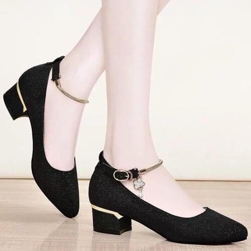 2019 Pumps Women Shoes 4CM Low Heels Metal buckle Female Wedding Party Shoes talon femme Gold high heels Women Shoes U18-45