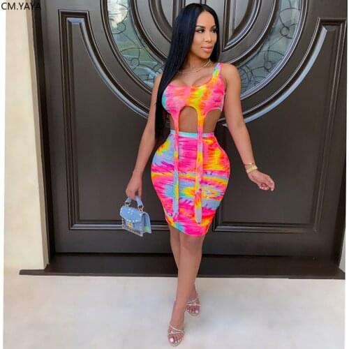 CM.YAYA Sexy Tie Dye Print Womens Set Sleeveless Crop Top Bodycon Midi Mini Skirt Suit Tracksuit Two Piece Set Fitness Dress