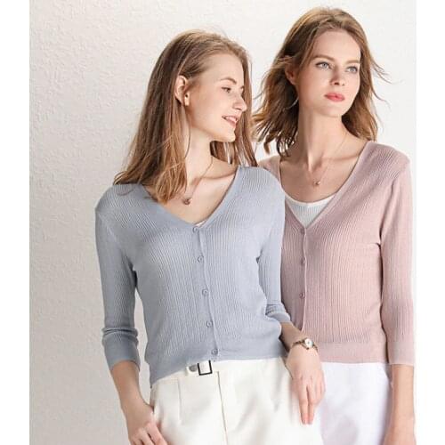 2021 Summer Cardigans Women Knitted Cardigan Female V neck 3/4 Sleeve Casual Thin Short Knit Sweater Coat Ladies Tops Gray Pink