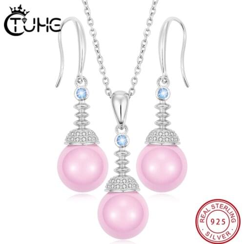 Pink Ceramic 925 Sterling Silver Jewelry Set Elegant For Women Drop Earrings Round Pendant Neckalce Romantic Wedding Jewelry Gif
