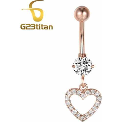 G23titan Rose Gold Color Heart Belly Piercing Rings Women 14G Surgical Steel Barbell Vacuum Plated Navel Piercing Jewelry