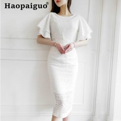 Large Size White Wrap Lace Dress Summer 2019 Ruffle Sleeve Solid Corset Midi Dress Women Casual Vintage Dress Plus Size Sukienki