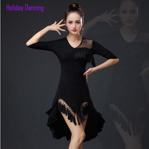 2021 New SS078 Half Sleeve Latin Dance Dress Women Patchwork Tassel Design Modern Dance Dress for Dancing Performance Show Cloth