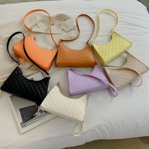 2021 Fashion Retro Lattice Pattern PU Leather Shoulder Underarm Bag Women Solid Color HandbagSolid Color Pleated Tote Bag