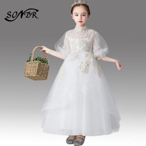 White Princess Ball Gown HT152 Half Puff Sleeve Flower Girl Dress Elegant Embroidery Girls First Communion Party Decorations