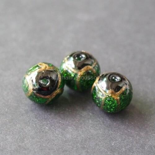 10Pcs/Lot 12mm 14mm Mamade Lampwork Glass beads with gold line painting Green color for jewelry making