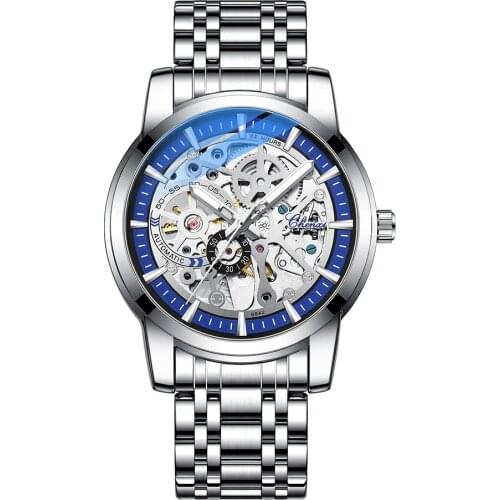 Classic Silver Business Male Wristwatch Mechanical Automatic Watch Hollow Out Stainless Steel Men Watch Band Waterproof Luminous