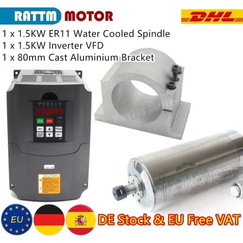 【EU Delivery】1.5kw ER11 Water Cooled Spindle Motor & 1.5kw VFD & 80mm Clamp & 75W Pump/Pipe & ER11 collet (1-7mm) for CNC Router