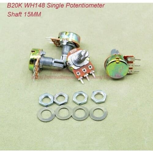 10pcs/lot) B20K 20K OHM 20KOhm WH148 Linear Single Rotary Potentiometer Pots Shaft 15MM With Nuts and Shim B20K-15MM