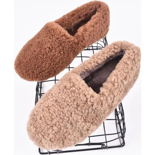 Ins Women Shoes Real Wool Slip on Woman Loafers Solid Color Lazy People Shoes Fashion Fur Shoes Winter Warm Shoes Ladies Flats